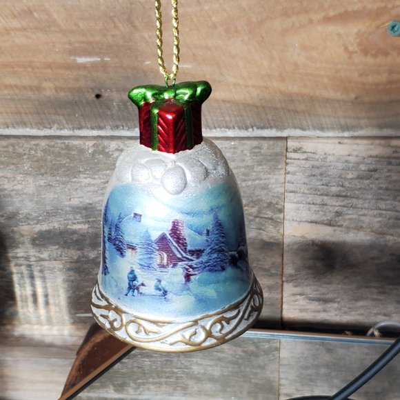 Handpainted Clay Christmas Bell Ornament - Winter Scene - Picture 1 of 6